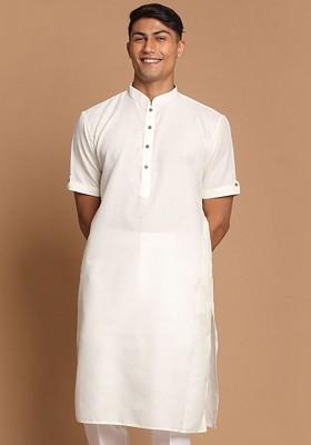 Cream Solid Poly Blend Kurta For Men