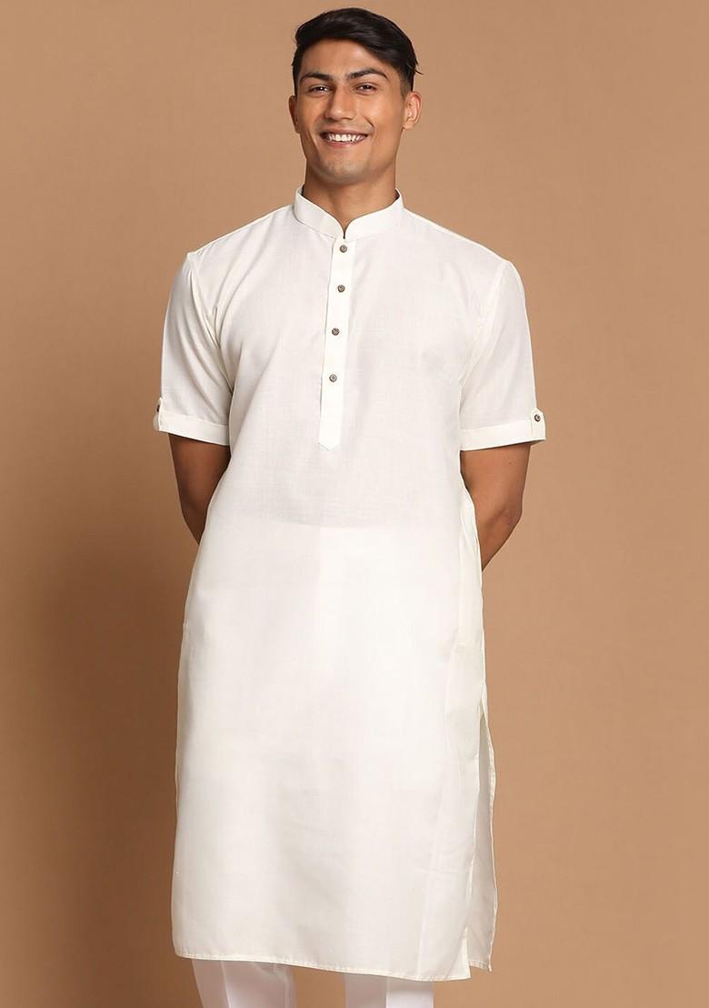 Cream Solid Poly Blend Kurta For Men