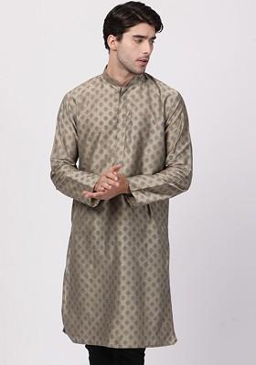 Beige Ethnic Motifs Poly Blend Kurta For Men
