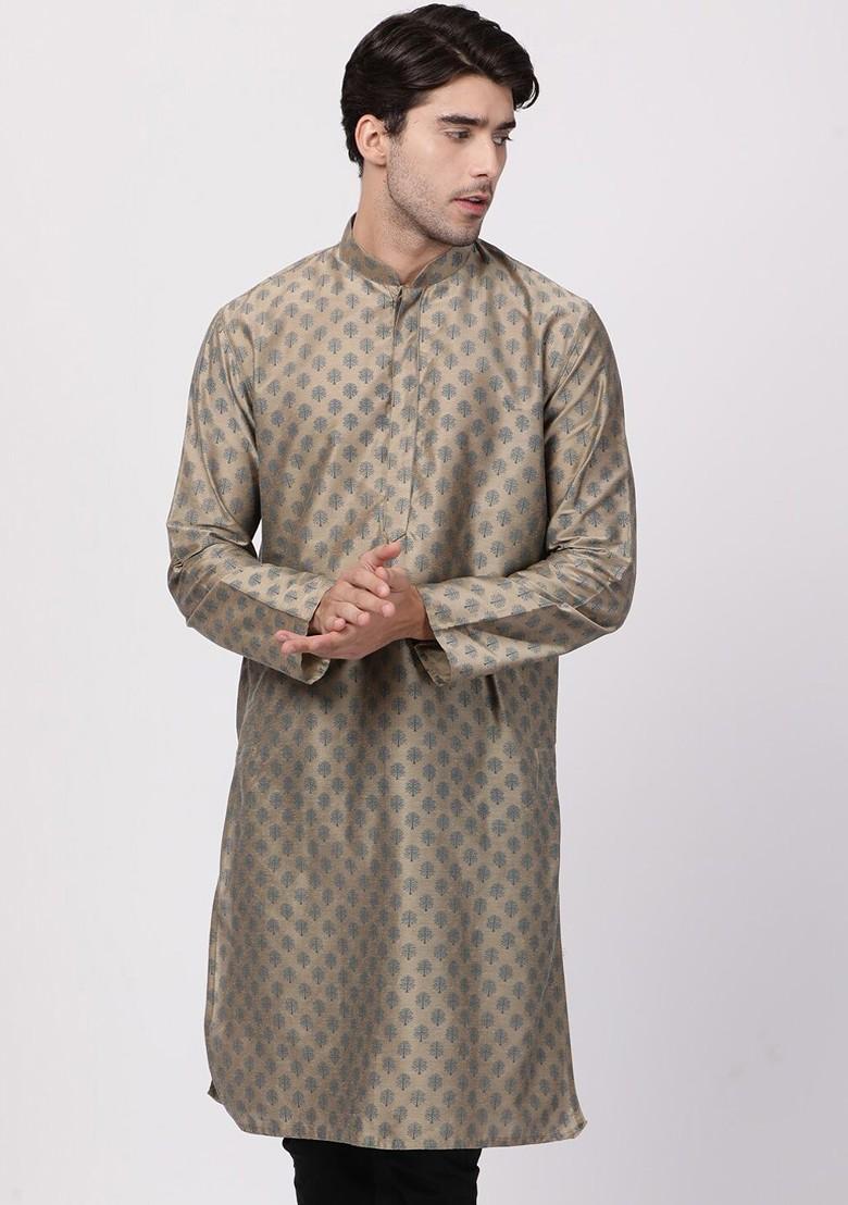 Beige Ethnic Motifs Poly Blend Kurta For Men
