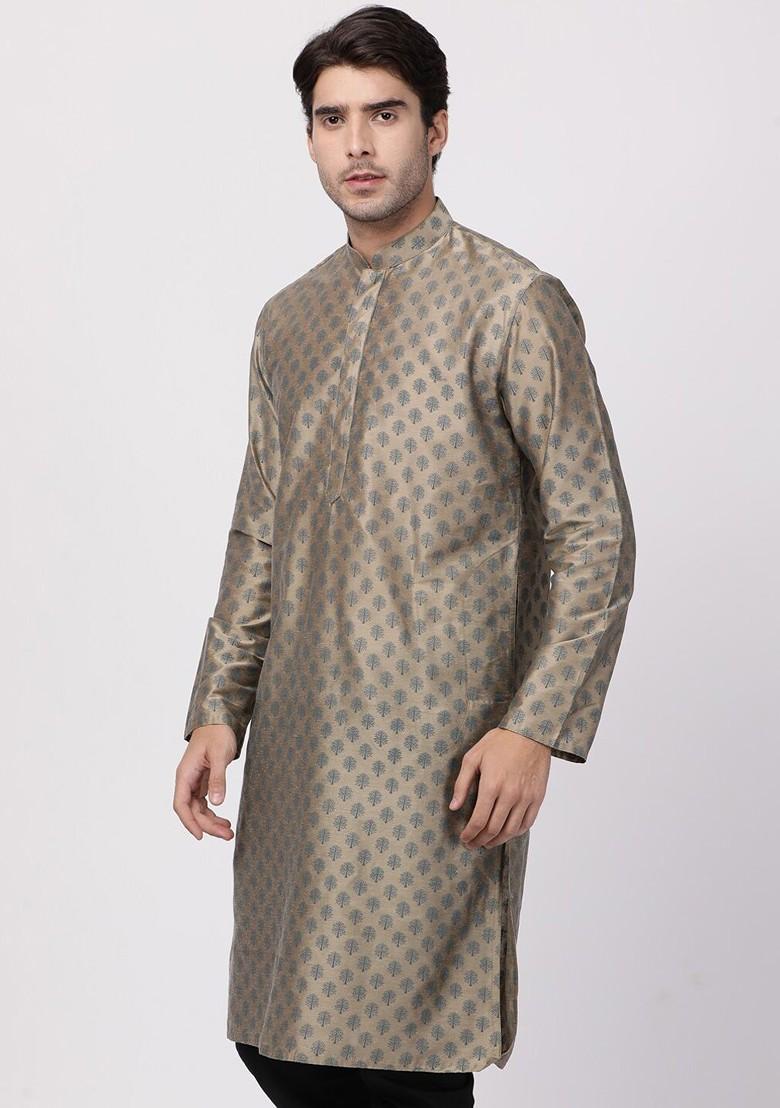 Beige Ethnic Motifs Poly Blend Kurta For Men