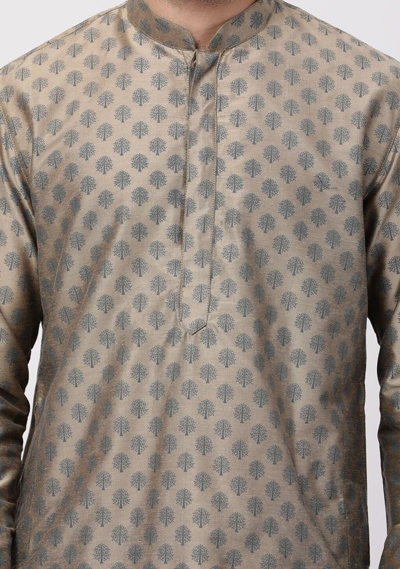 Beige Ethnic Motifs Poly Blend Kurta For Men