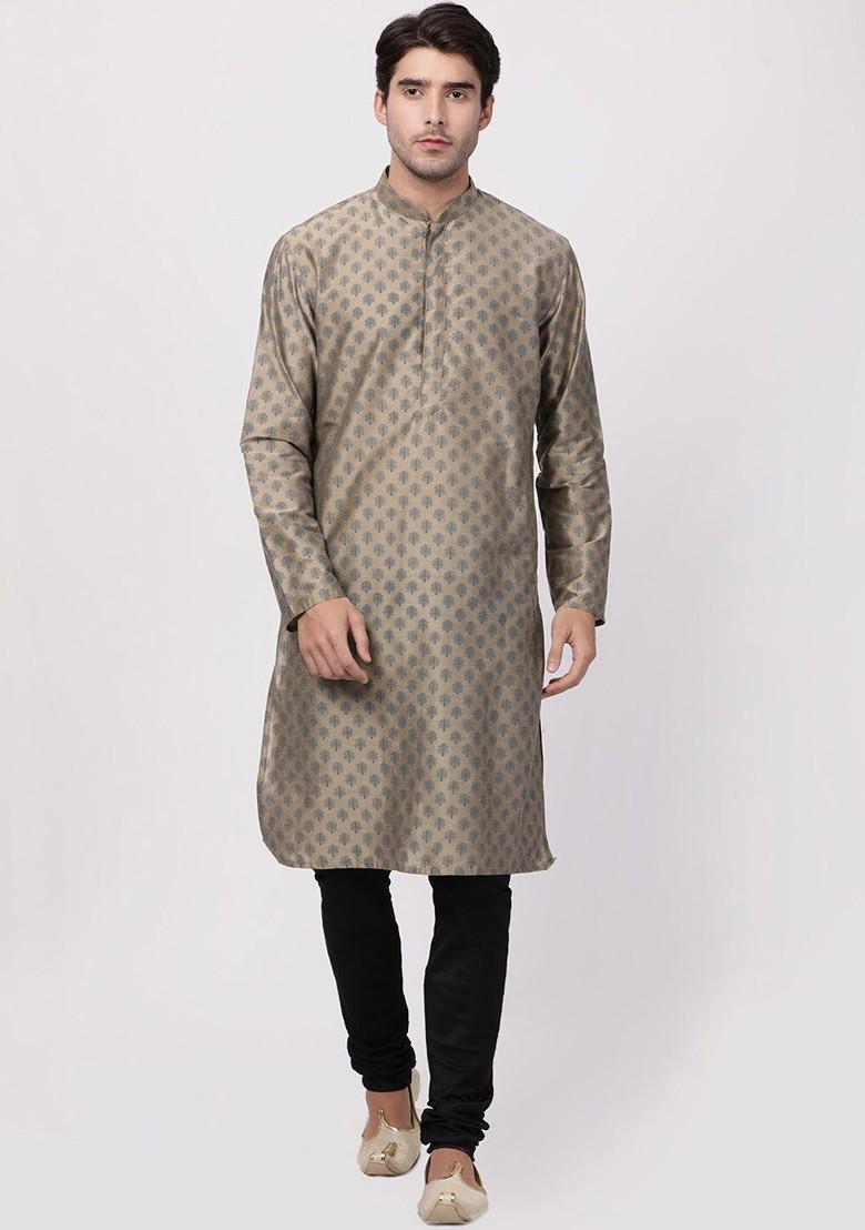 Beige Ethnic Motifs Poly Blend Kurta For Men