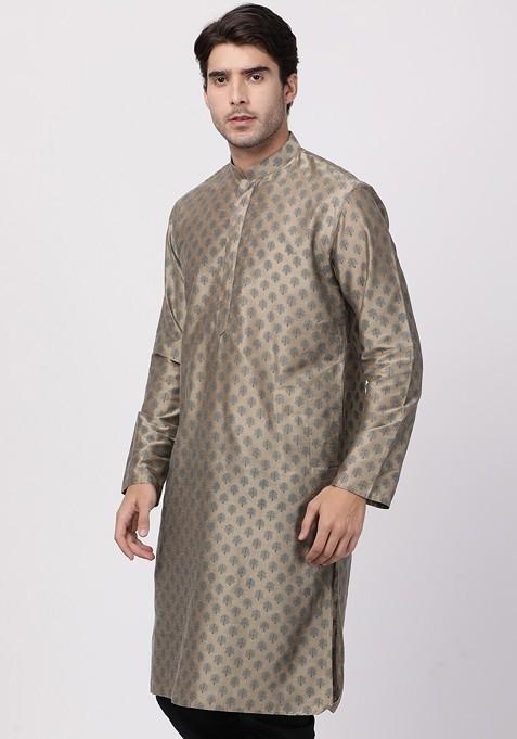 Beige Ethnic Motifs Poly Blend Kurta For Men