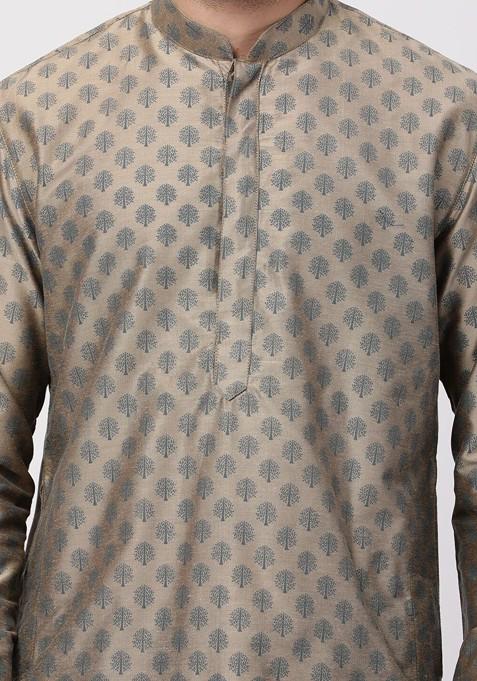 Beige Ethnic Motifs Poly Blend Kurta For Men
