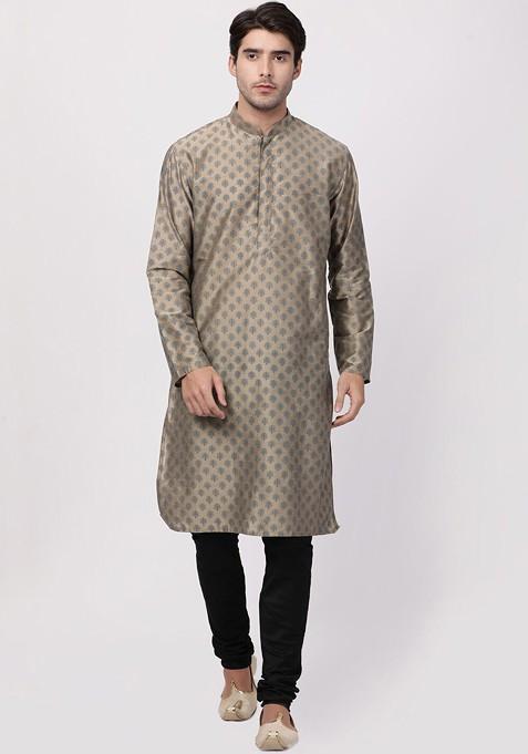 Beige Ethnic Motifs Poly Blend Kurta For Men