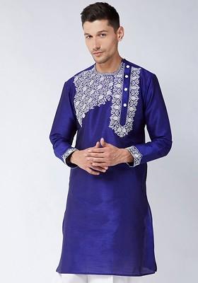 Blue Floral Print Poly Blend Kurta For Men