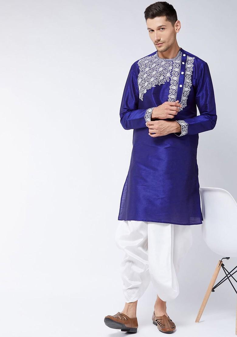 Blue Floral Print Poly Blend Kurta For Men