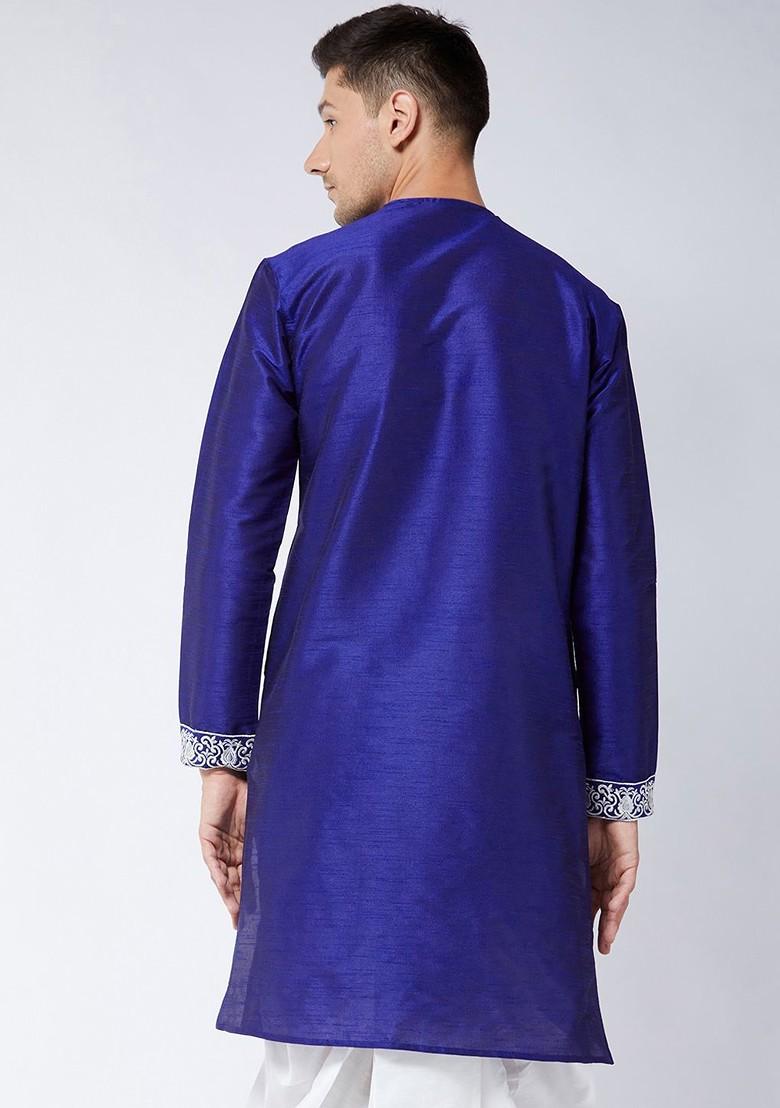 Blue Floral Print Poly Blend Kurta For Men