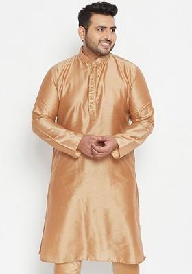 Gold Solid Poly Blend Kurta For Men