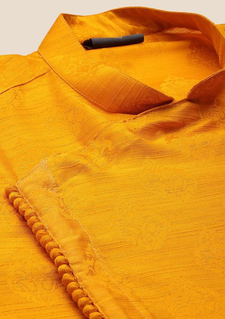 Yellow Woven Jacquard Kurta For Men