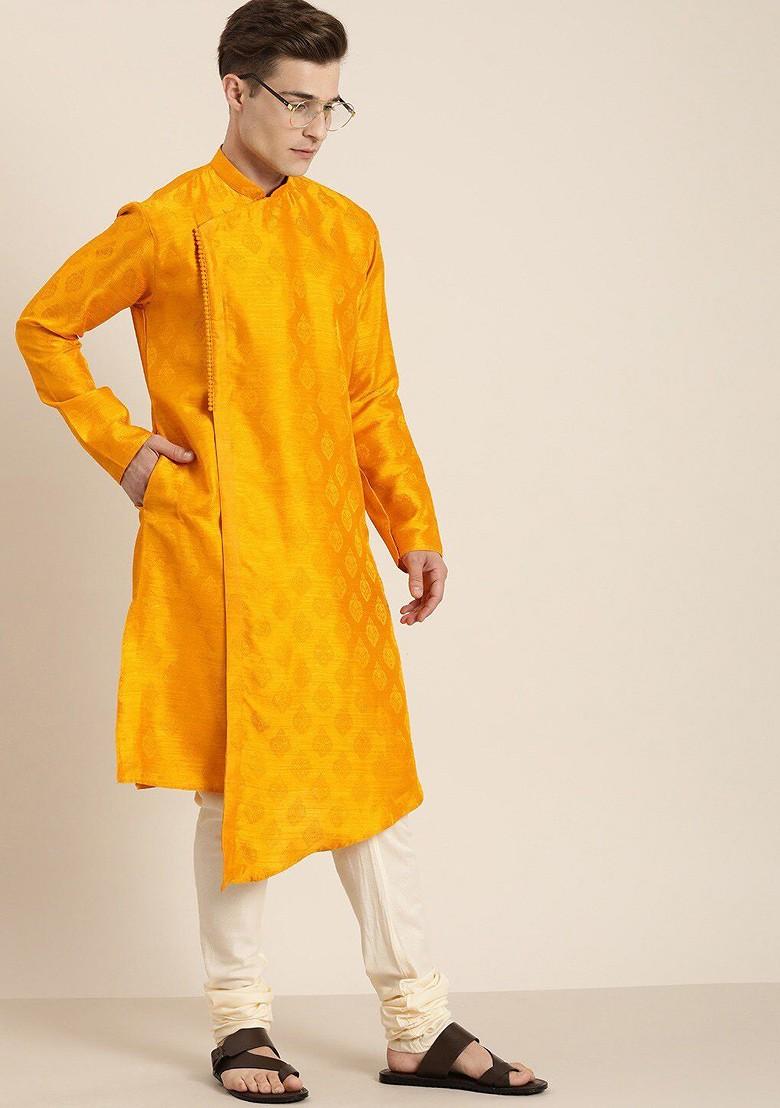 Yellow Woven Jacquard Kurta For Men