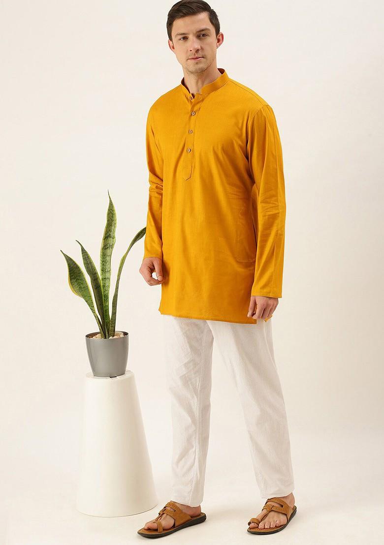 Mustard Solid Poly Blend Kurta For Men