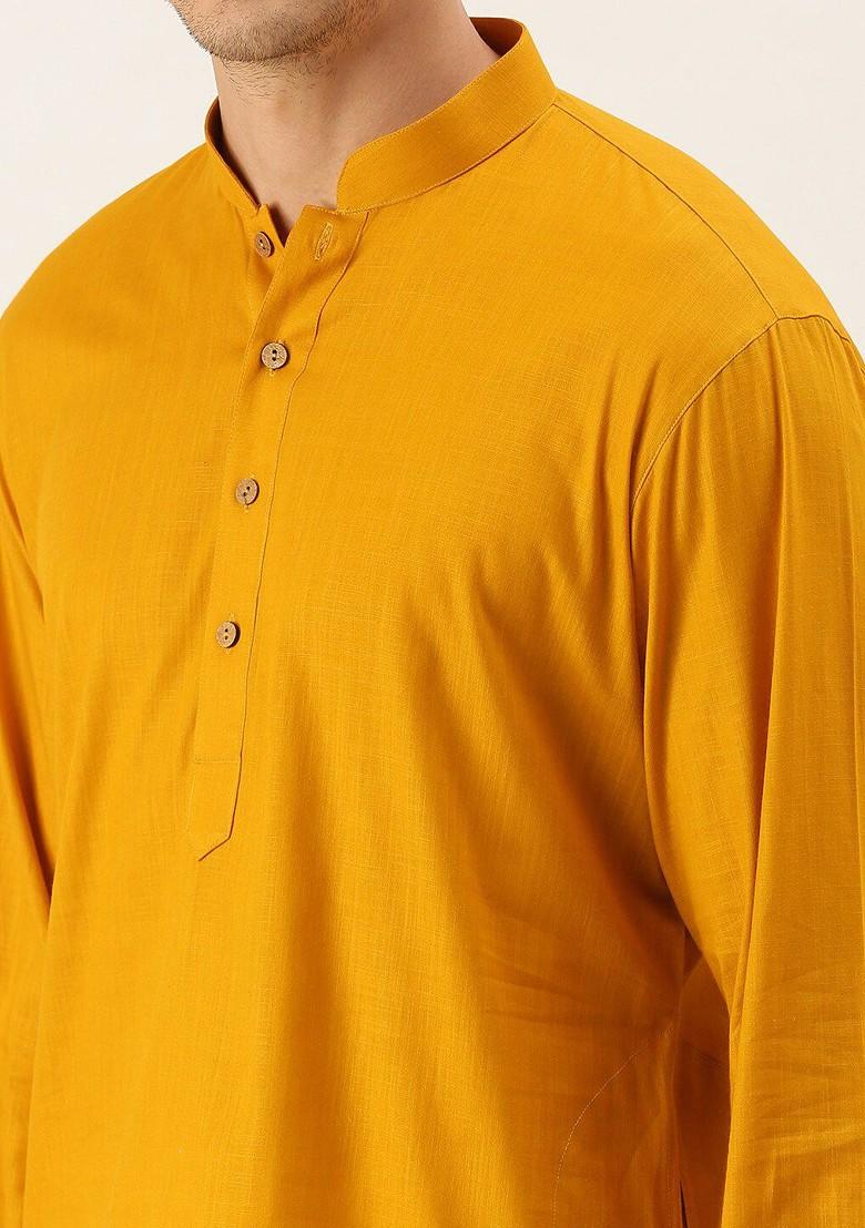 Mustard Solid Poly Blend Kurta For Men