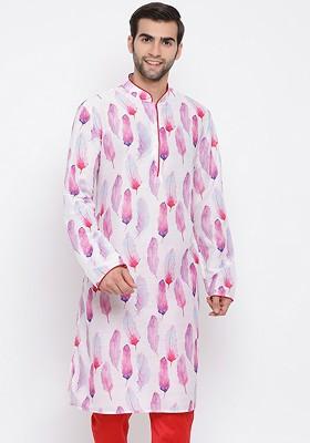Pink Floral Print Poly Blend Kurta For Men