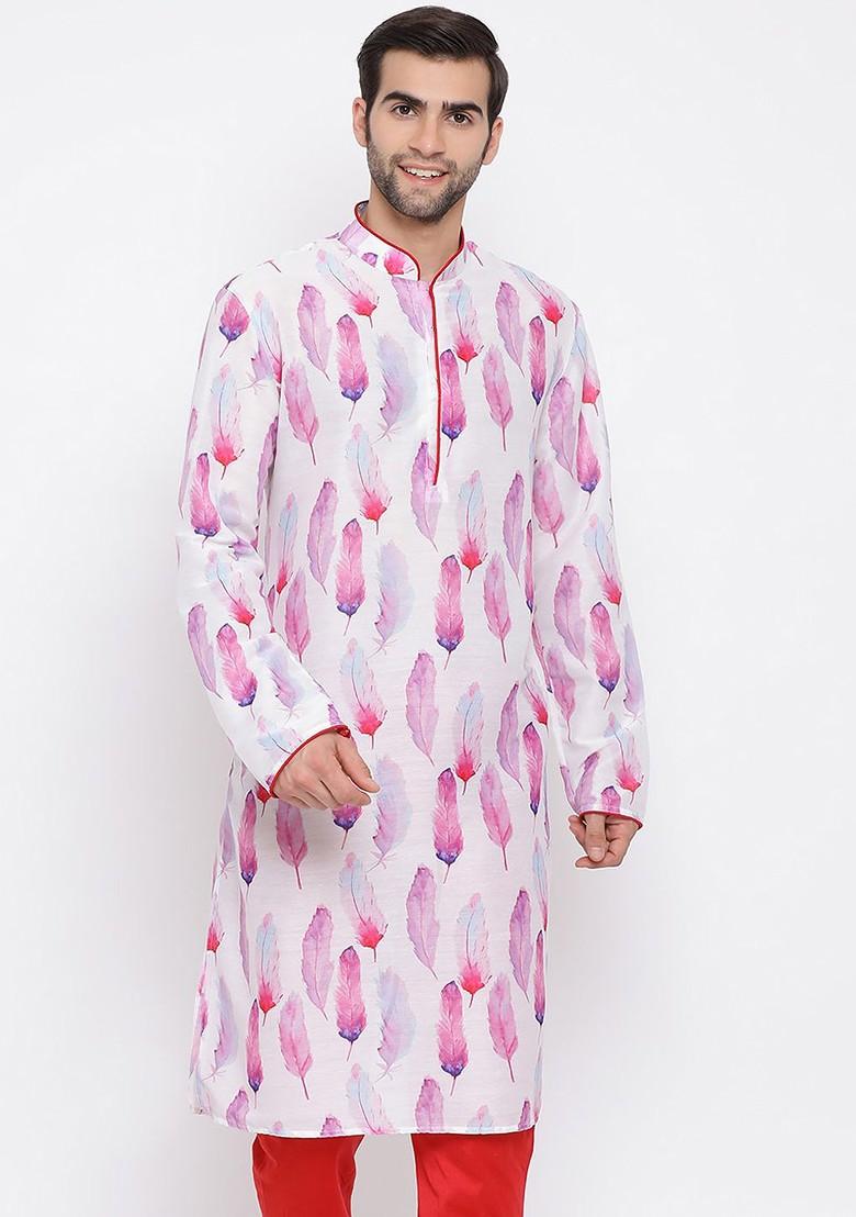 Pink Floral Print Poly Blend Kurta For Men