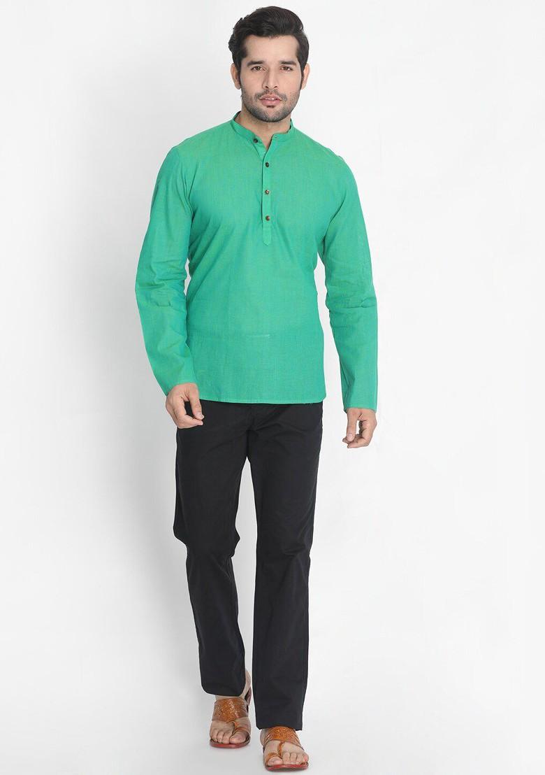 Green Solid Poly Blend Kurta For Men