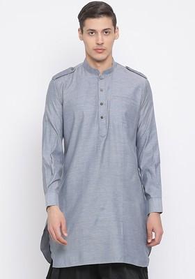 Grey Solid Poly Blend Kurta For Men