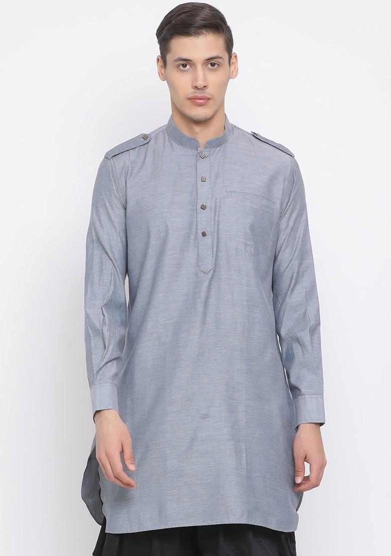 Grey Solid Poly Blend Kurta For Men