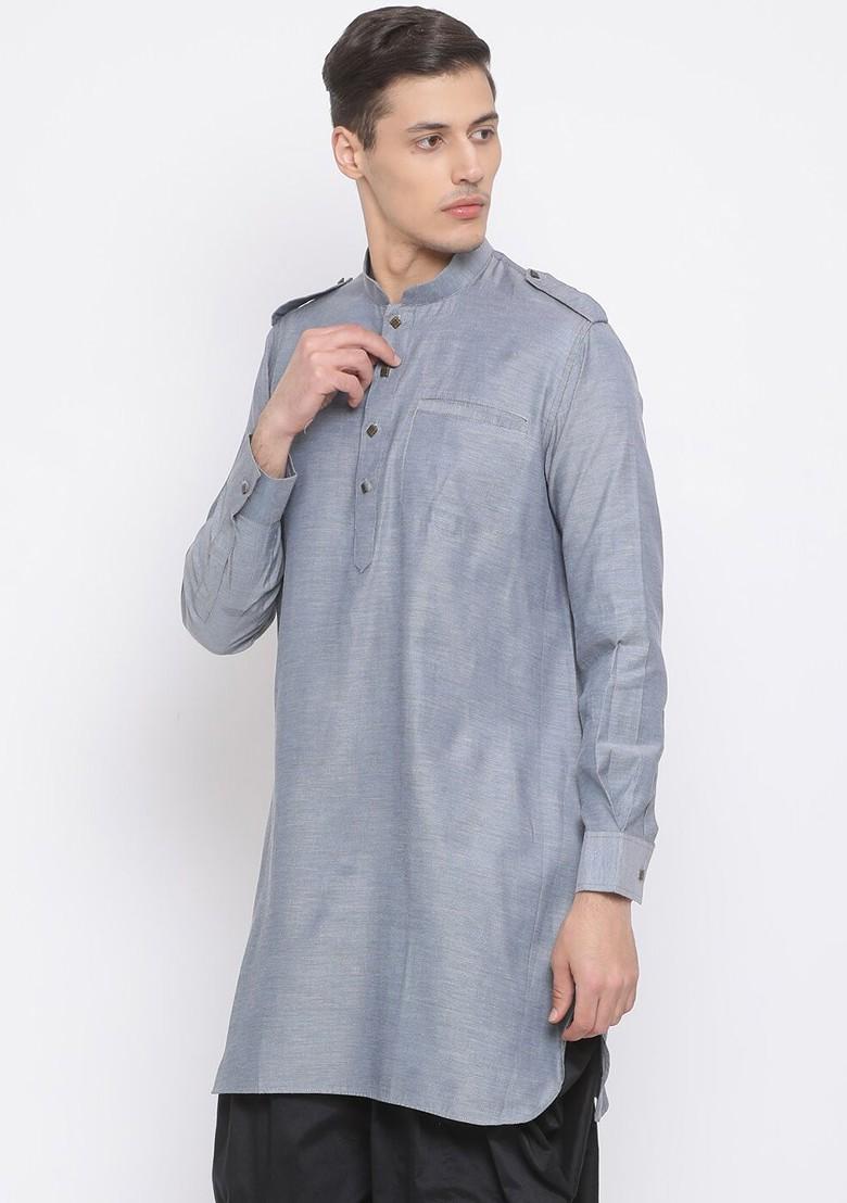 Grey Solid Poly Blend Kurta For Men