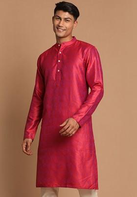 Red Solid Poly Blend Kurta For Men