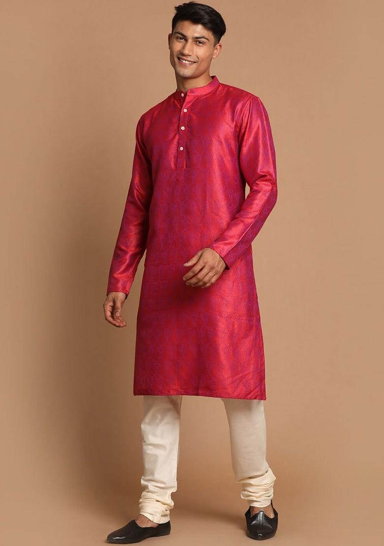 Red Solid Poly Blend Kurta For Men