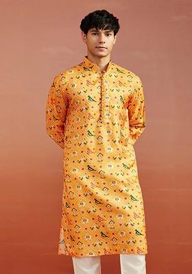 Yellow Printed Poly Blend Kurta For Men