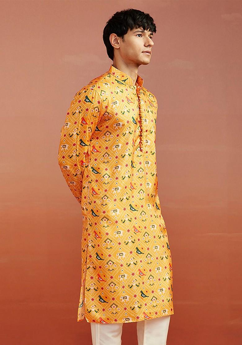 Yellow Printed Poly Blend Kurta For Men
