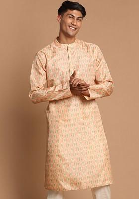 Pink Ethnic Motifs Poly Blend Kurta For Men