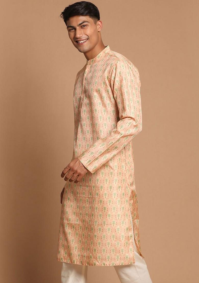 Pink Ethnic Motifs Poly Blend Kurta For Men