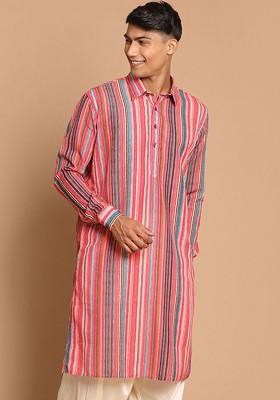 Multi Striped Poly Blend Kurta For Men