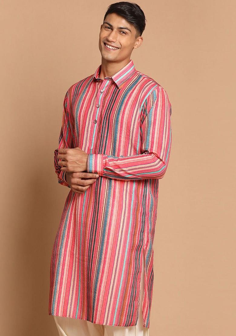 Multi Striped Poly Blend Kurta For Men