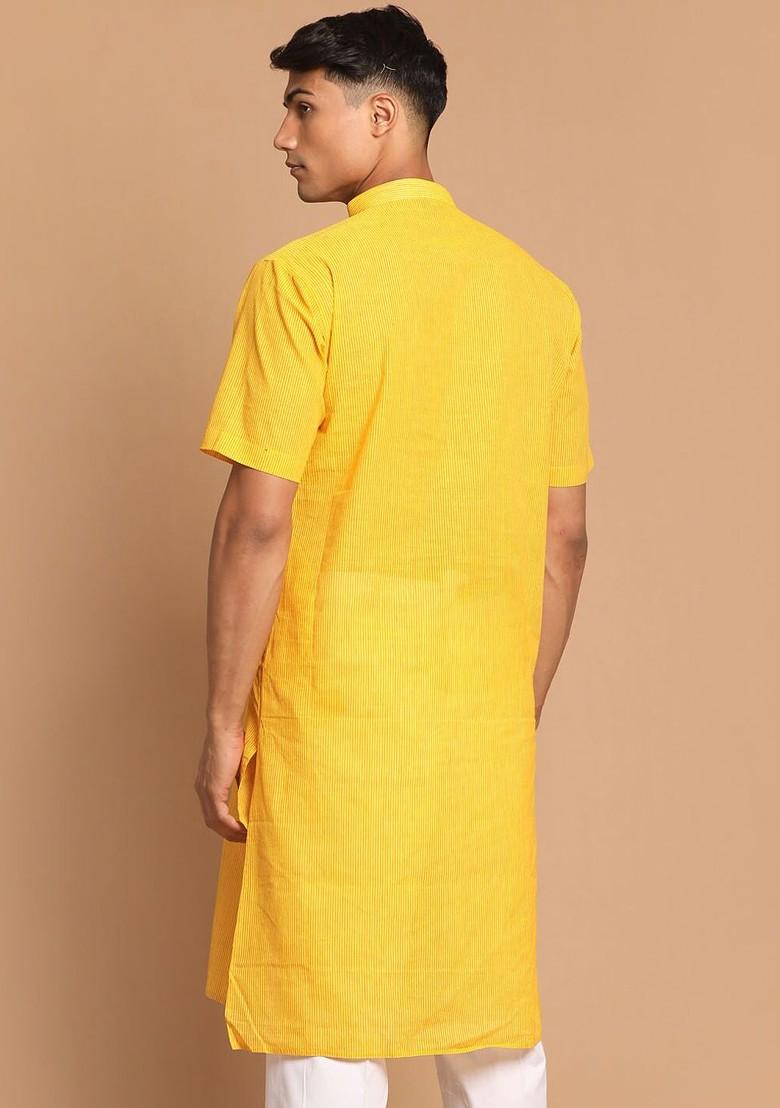 Yellow Striped Poly Blend Kurta For Men