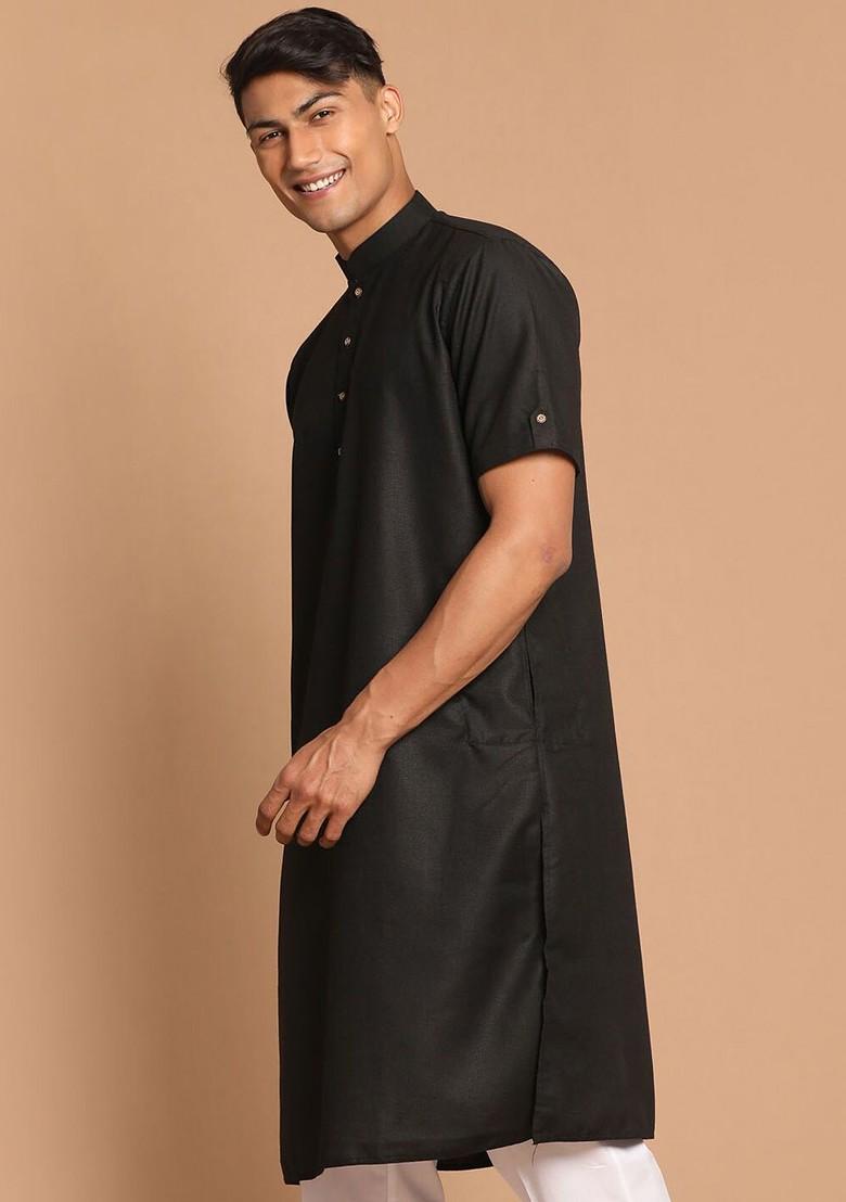 Black Solid Poly Blend Kurta For Men