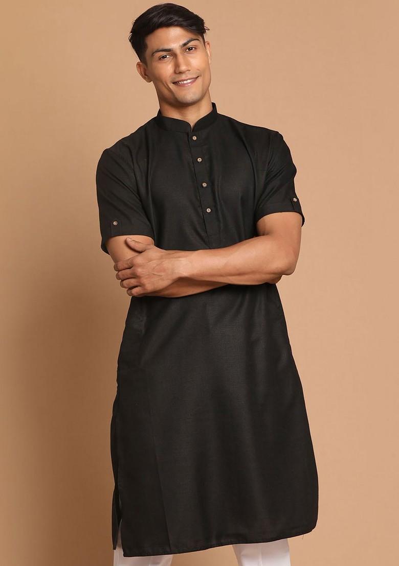 Black Solid Poly Blend Kurta For Men