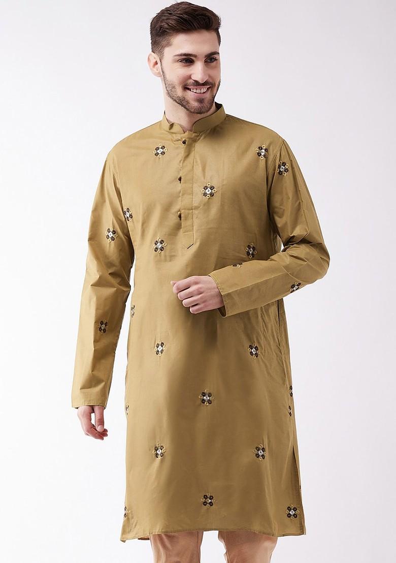 Beige Thread Work Poly Blend Kurta For Men