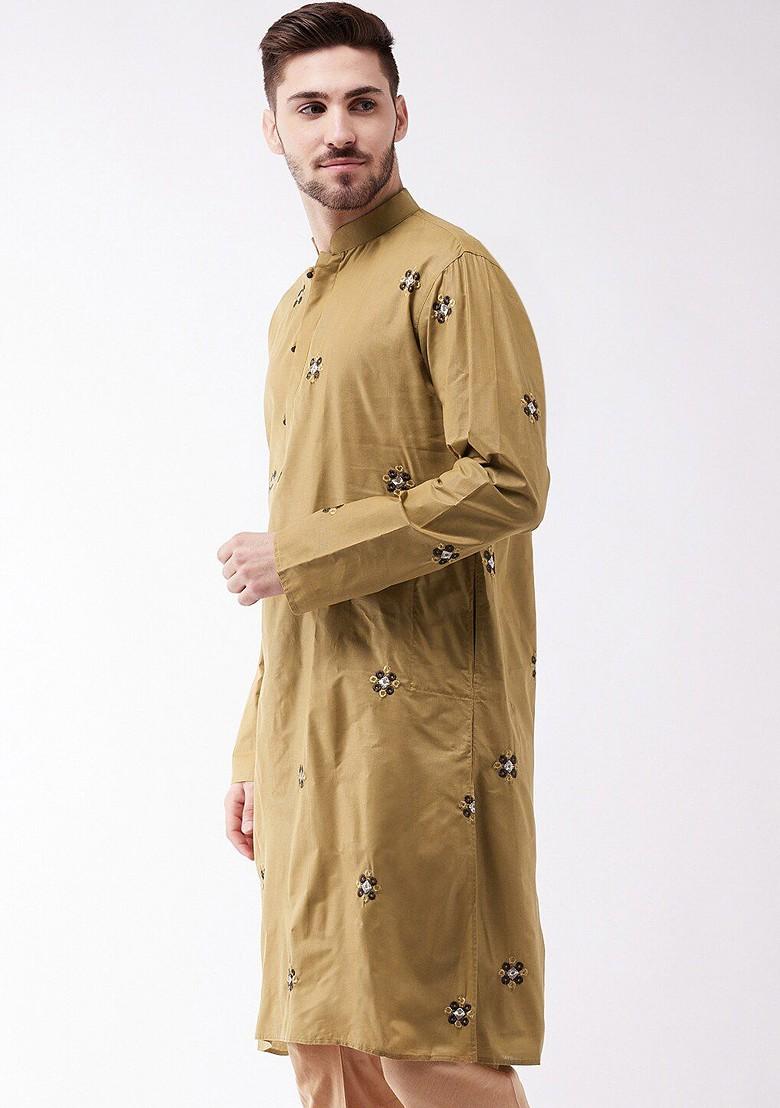 Beige Thread Work Poly Blend Kurta For Men