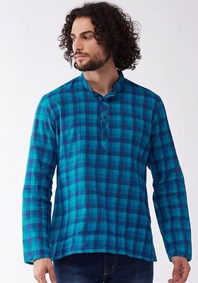 Blue Checked Poly Blend Kurta For Men