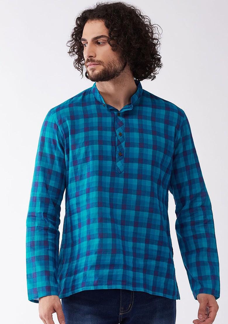Blue Checked Poly Blend Kurta For Men
