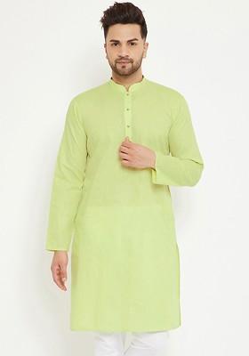 Green Solid Cotton Kurta For Men