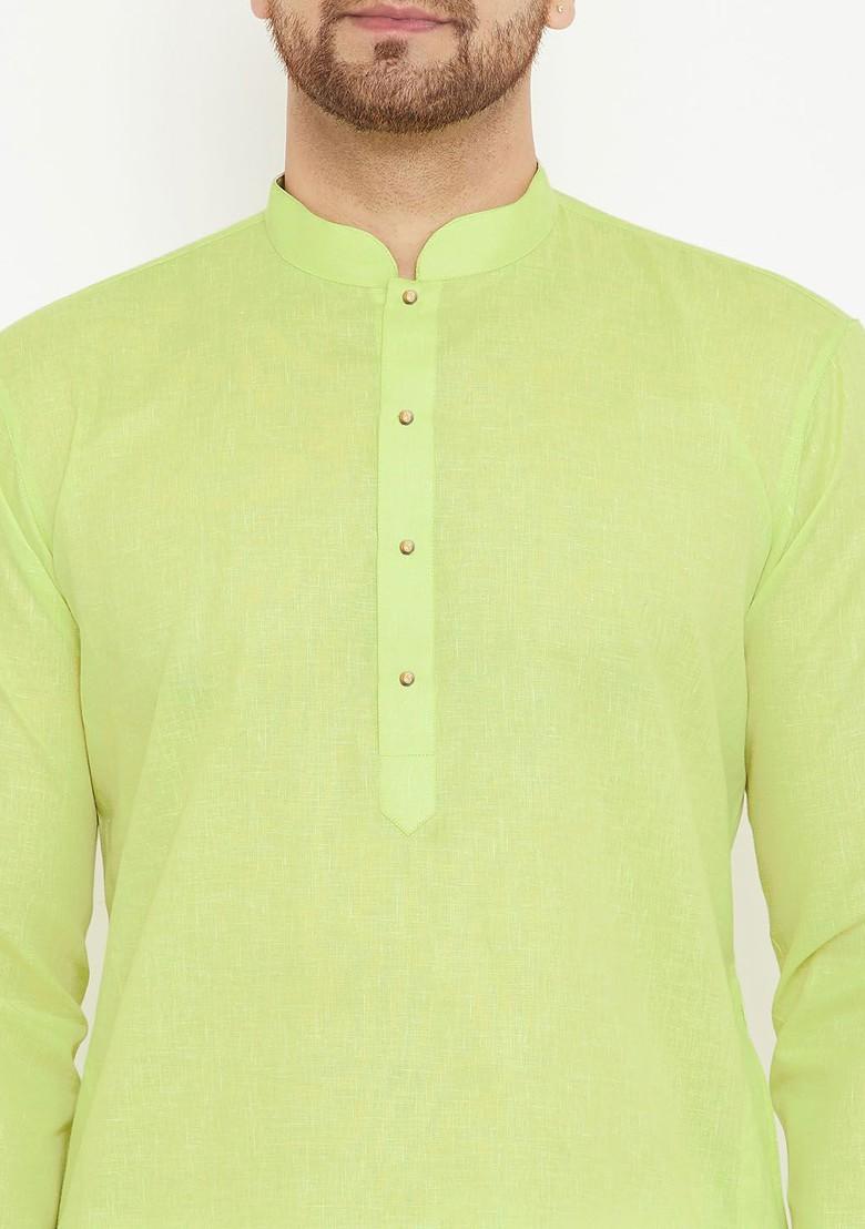 Green Solid Cotton Kurta For Men