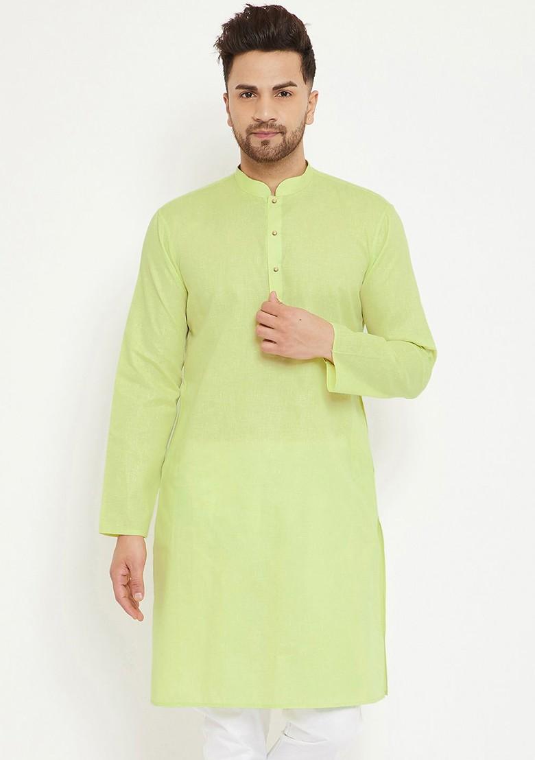 Green Solid Cotton Kurta For Men
