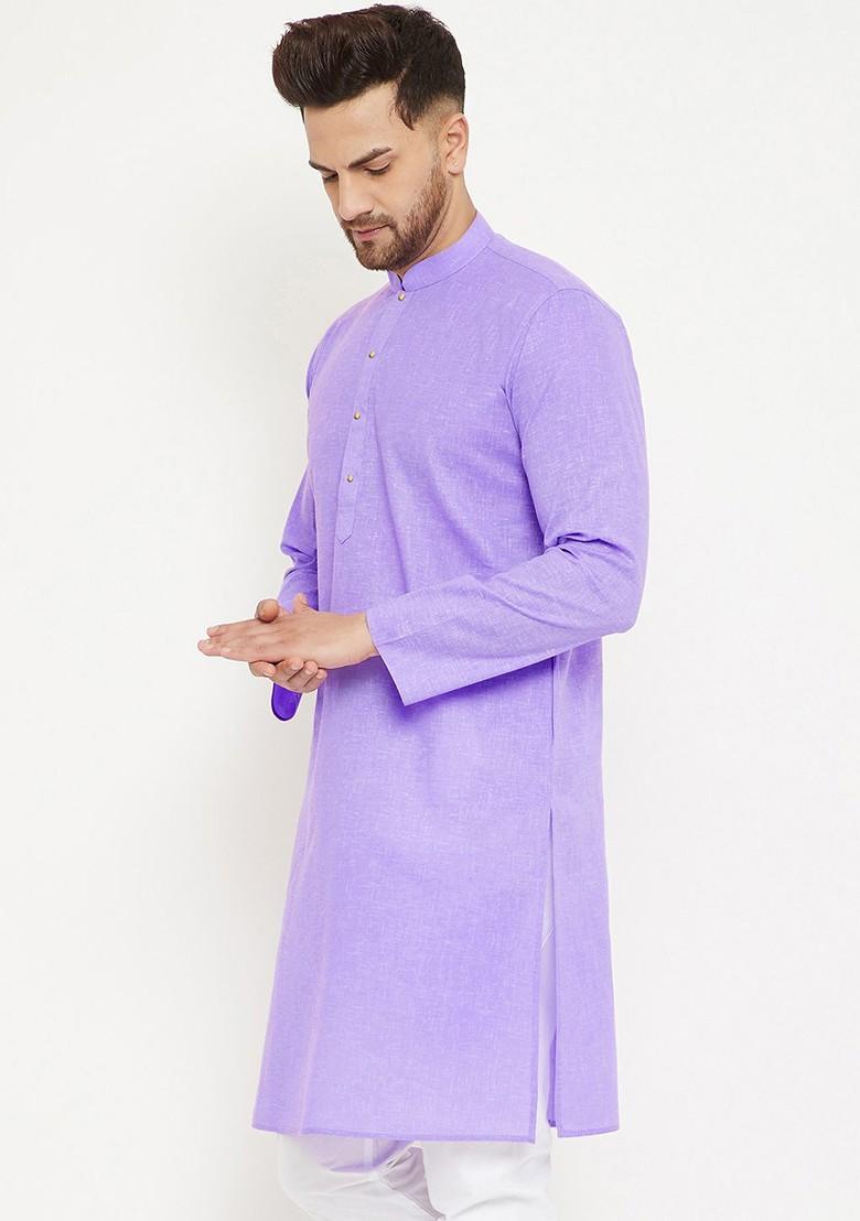 Purple Solid Cotton Kurta For Men