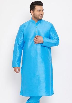 Blue Solid Silk Kurta For Men