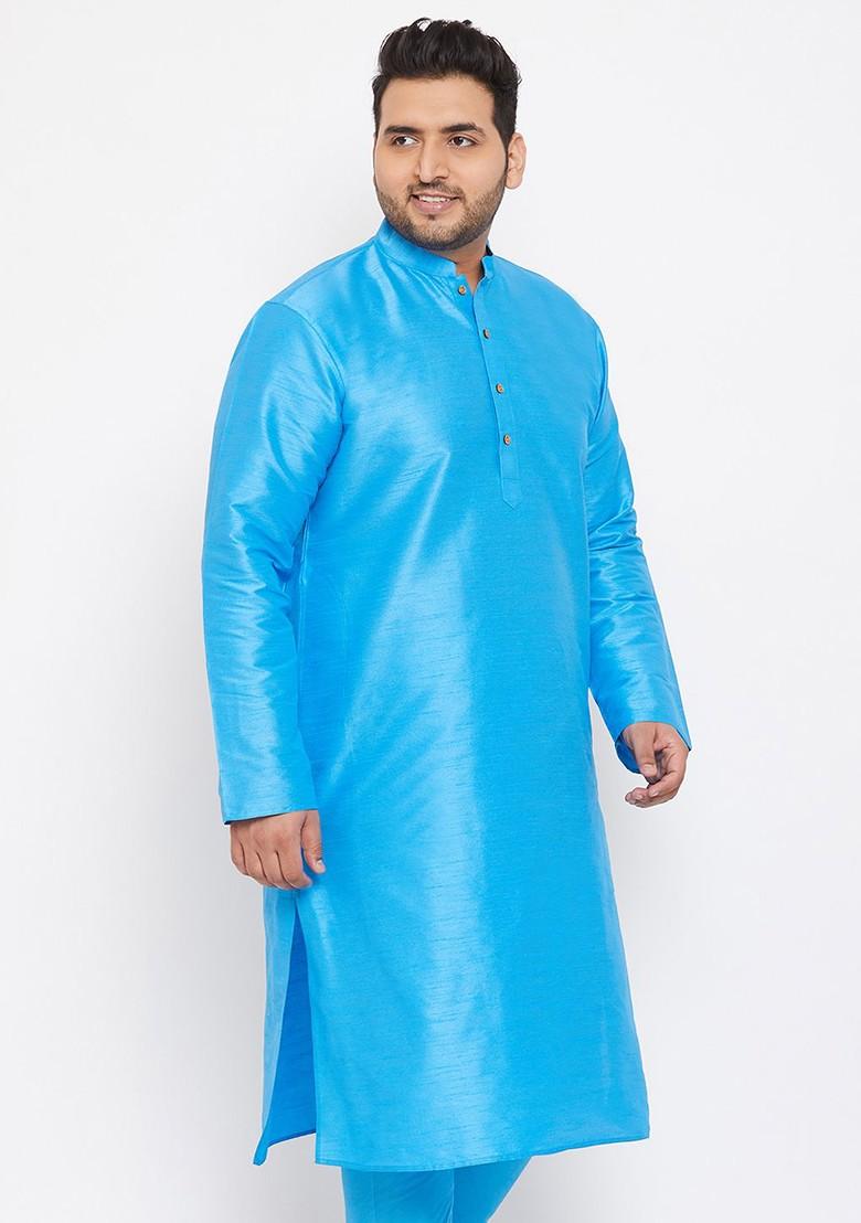 Blue Solid Silk Kurta For Men