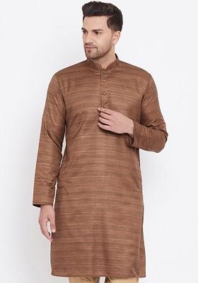 Coffee Brown Woven Silk Kurta For Men