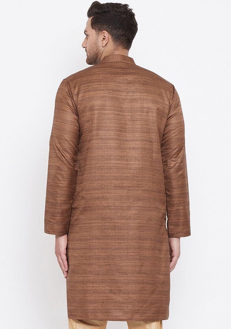 Coffee Brown Woven Silk Kurta For Men
