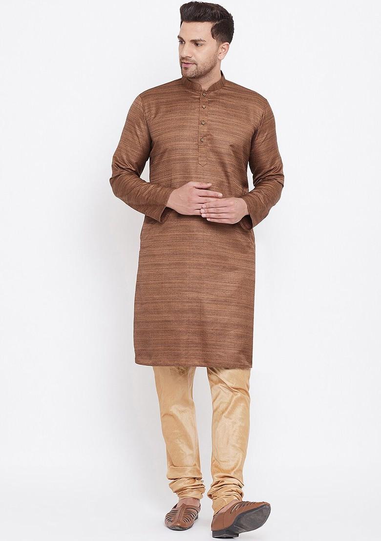 Coffee Brown Woven Silk Kurta For Men