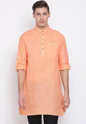 Orange Solid Poly Blend Kurta For Men