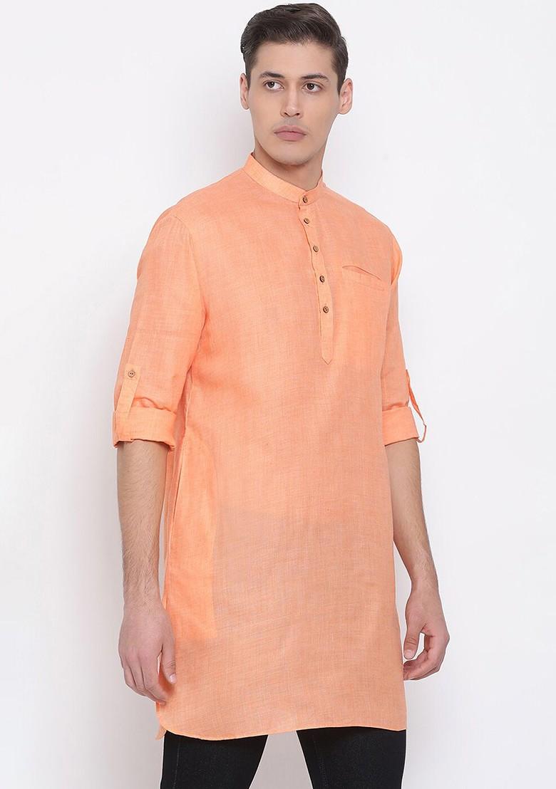 Orange Solid Poly Blend Kurta For Men